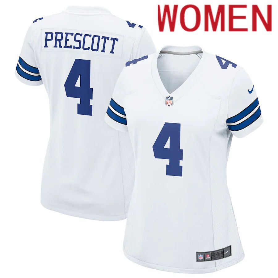 Women Dallas Cowboys #4 Dak Prescott Nike White Team Game NFL Jersey->women nfl jersey->Women Jersey